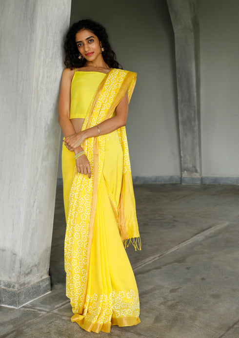 Handwoven Handprinted  Yellow Bengal Cotton Saree